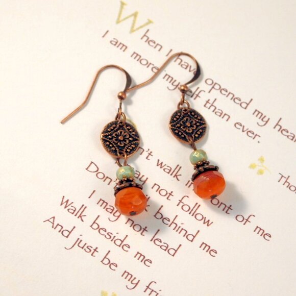 Copper Czech Glass Drop Earrings Boho Chic Dangle Pierced or Clip-on Earrings - Picture 6 of 8